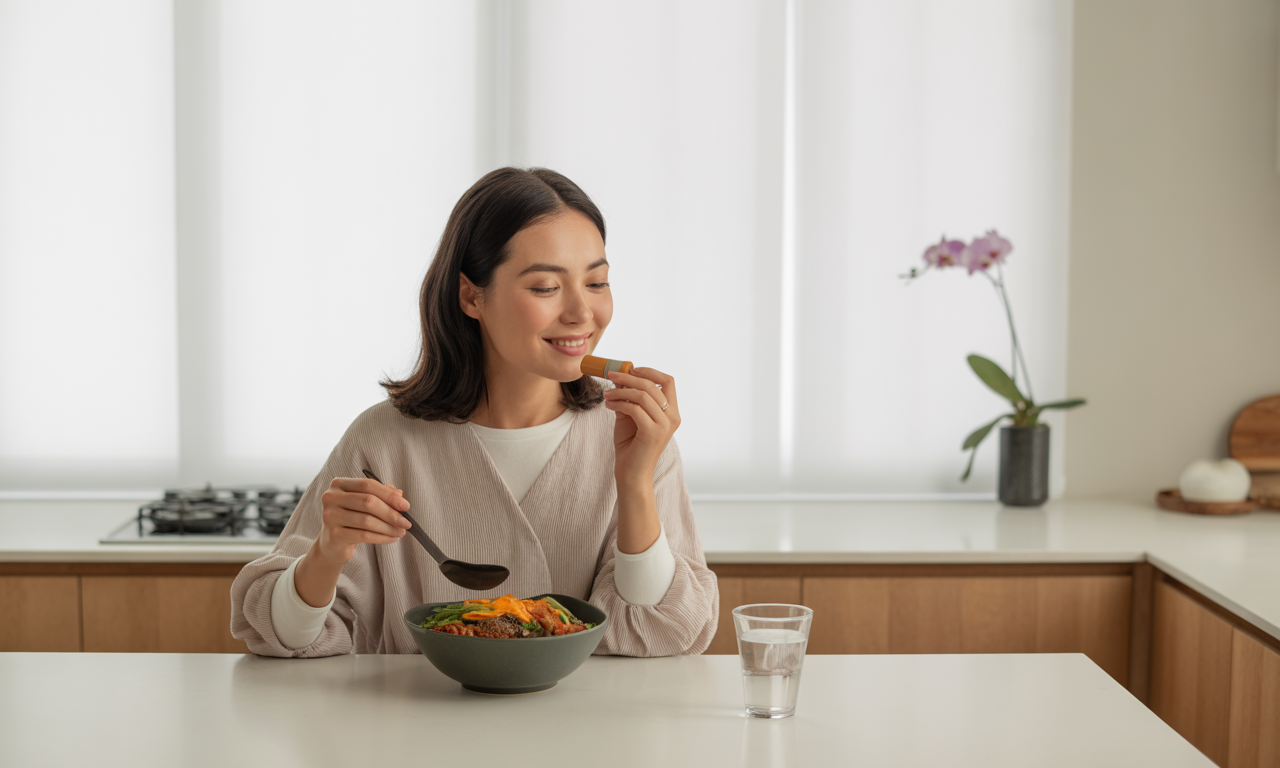 커큐민 관련 이미지 모음 (여성이 커큐민음식을 섭취하는 모습)