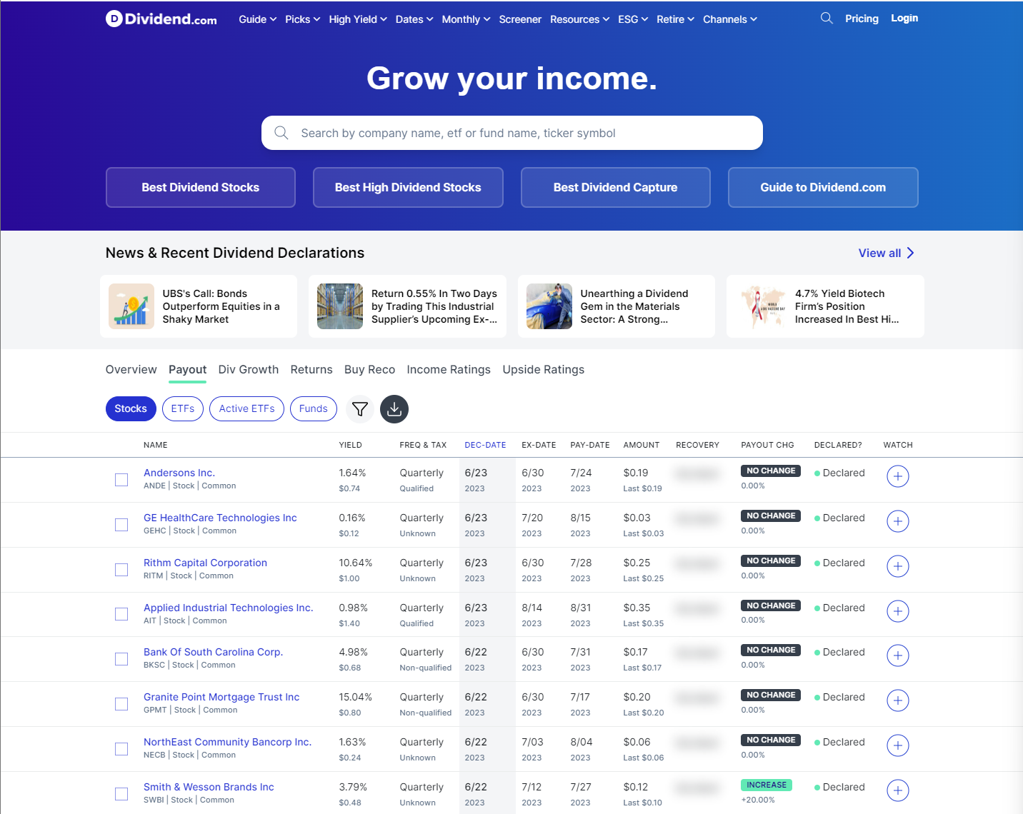 dividend 배당주 정보 확인 화면