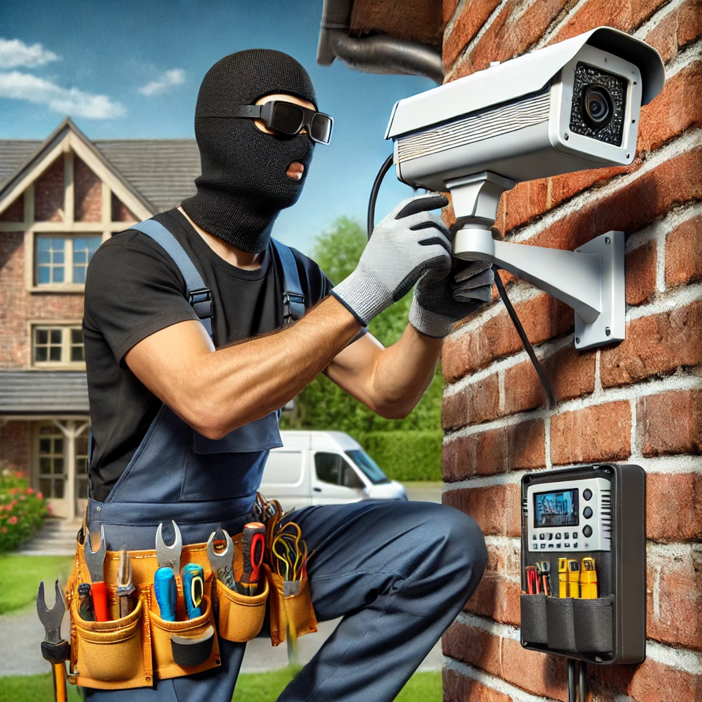 벽돌 벽에 최신 보안 카메라를 설치 중인 전문 기술자&amp;#44; 햇살이 비치는 야외에서 작업하며 안전 장비와 공구를 착용한 모습&amp;#44; 배경에는 정원이 잘 가꿔진 주택이 보임