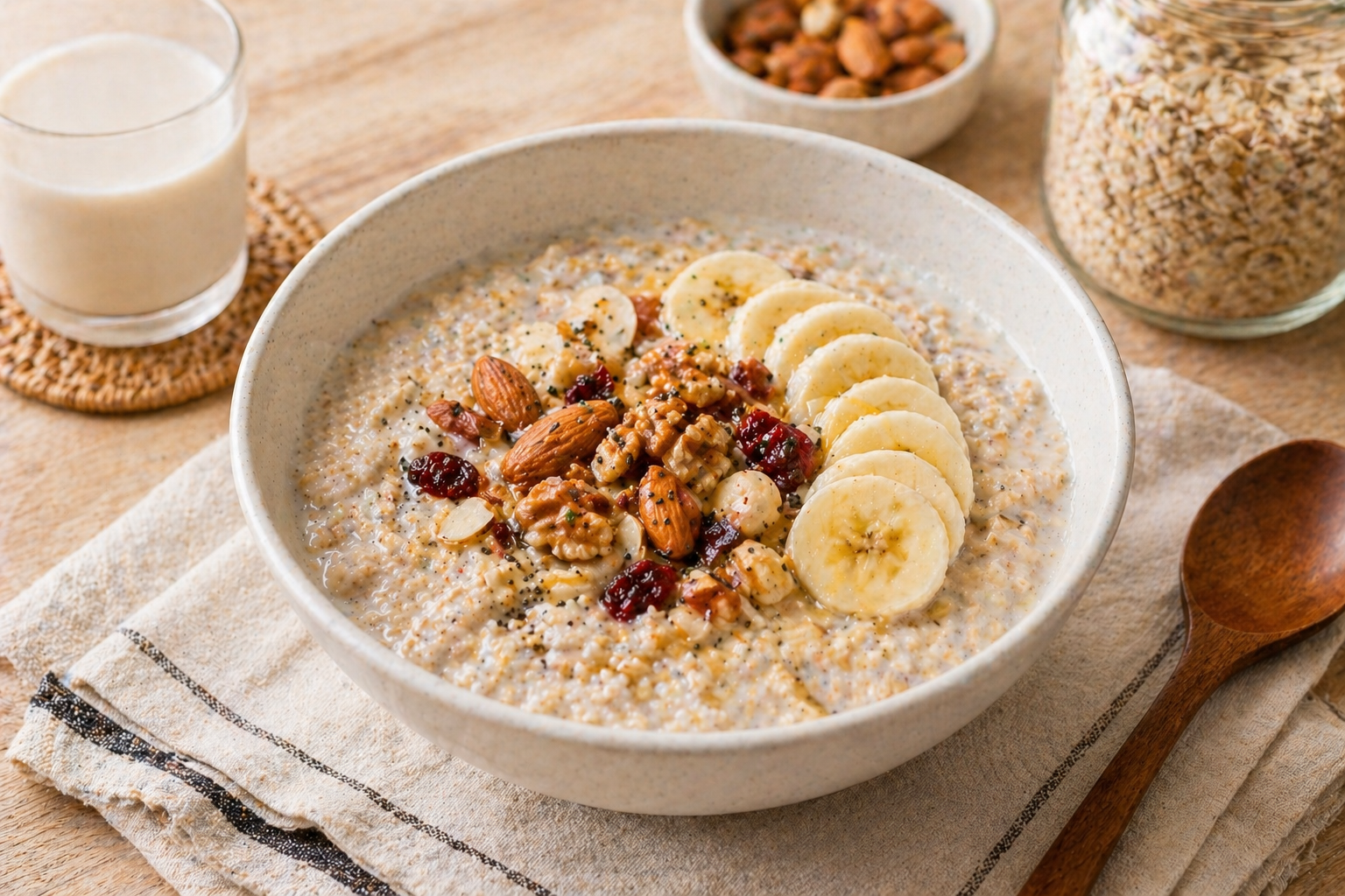 오트밀에 바나나와 견과류를 올린 건강한 아침 식사