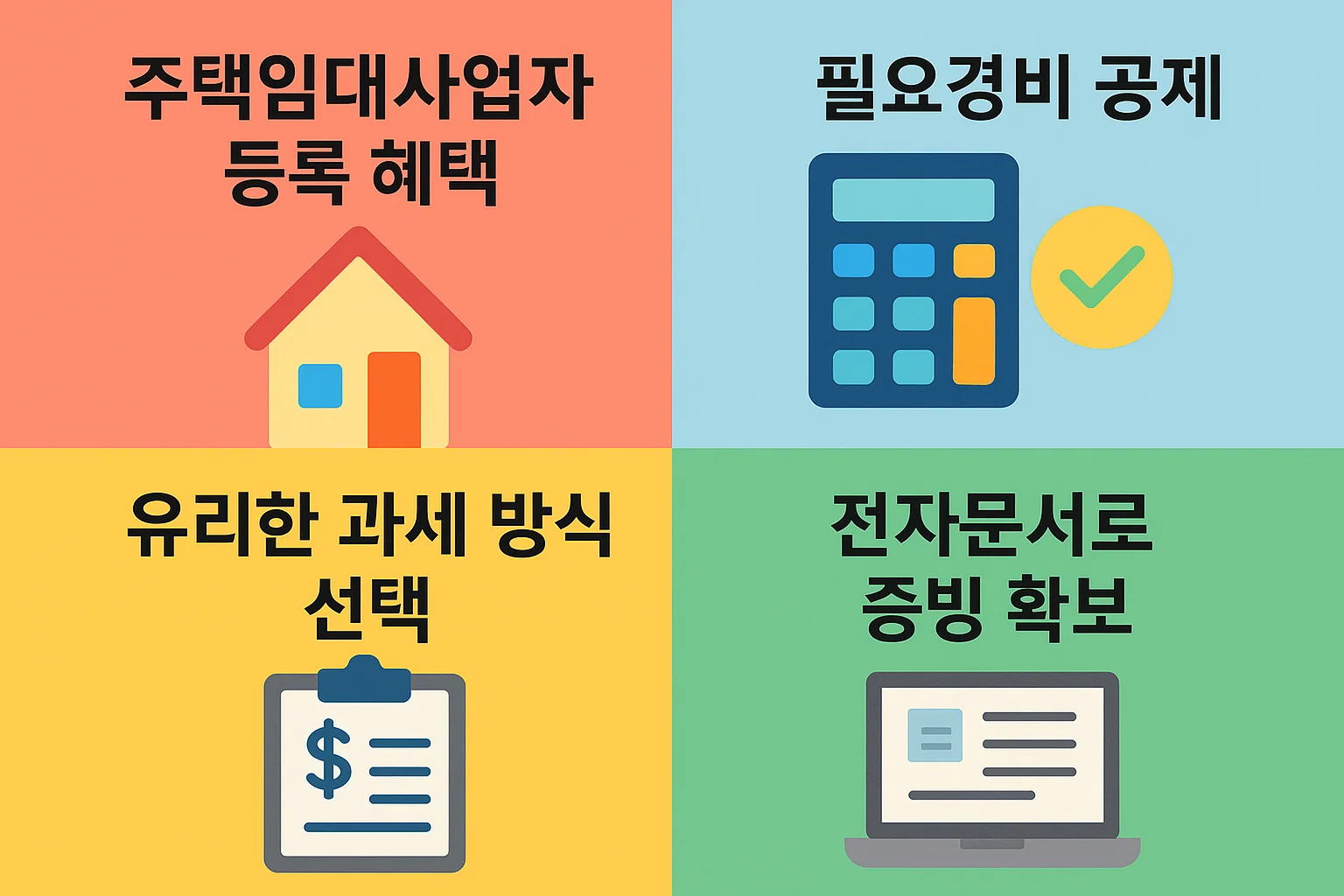주택임대사업자 등록 혜택, 필요경비 공제, 유리한 과세 방식 선택, 전자문서 증빙 확보 등 합법적인 절세 전략을 제시한 인포그래픽