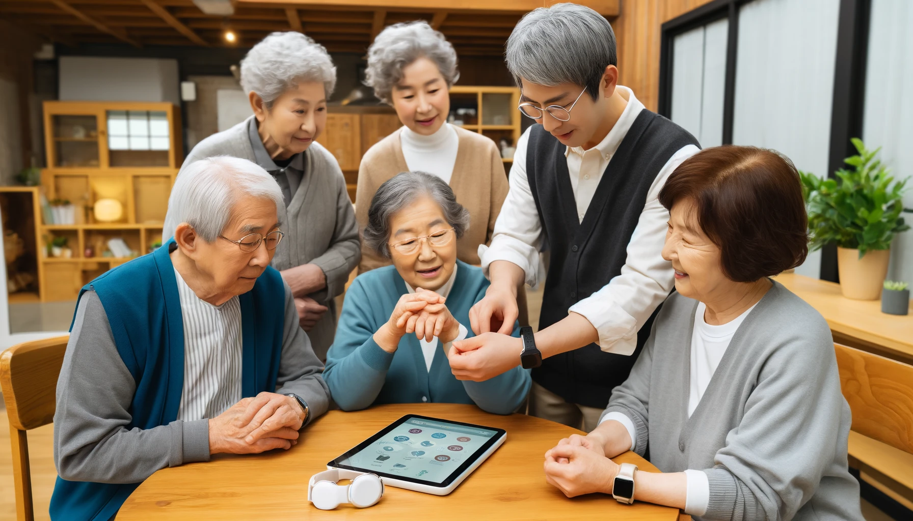 노인분들이 모여 디지털 기기를 배웁니다