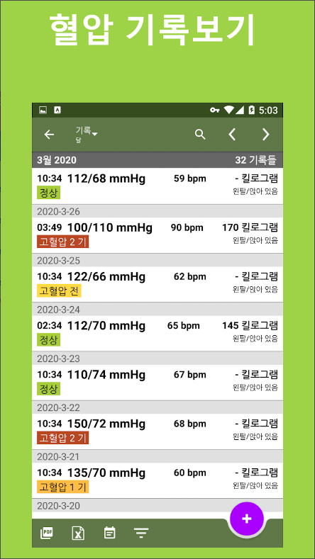 혈압 추적기 어플, 혈압을 기록하고 관리하기, 혈압 추세 보기