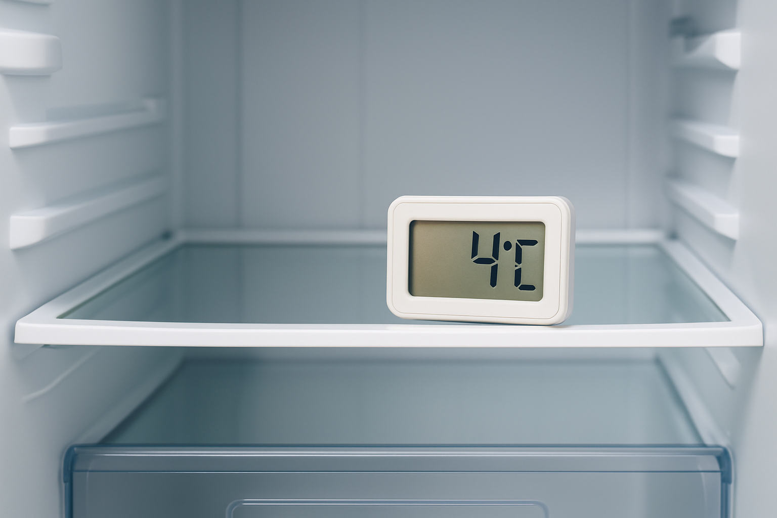 냉장고 선반 위 디지털 온도계가 4도를 표시하는 모습