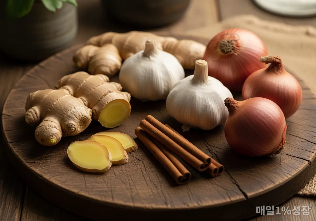 생강, 마늘, 계피 등 몸을 따뜻하게 하는 한국의 식재료 모음