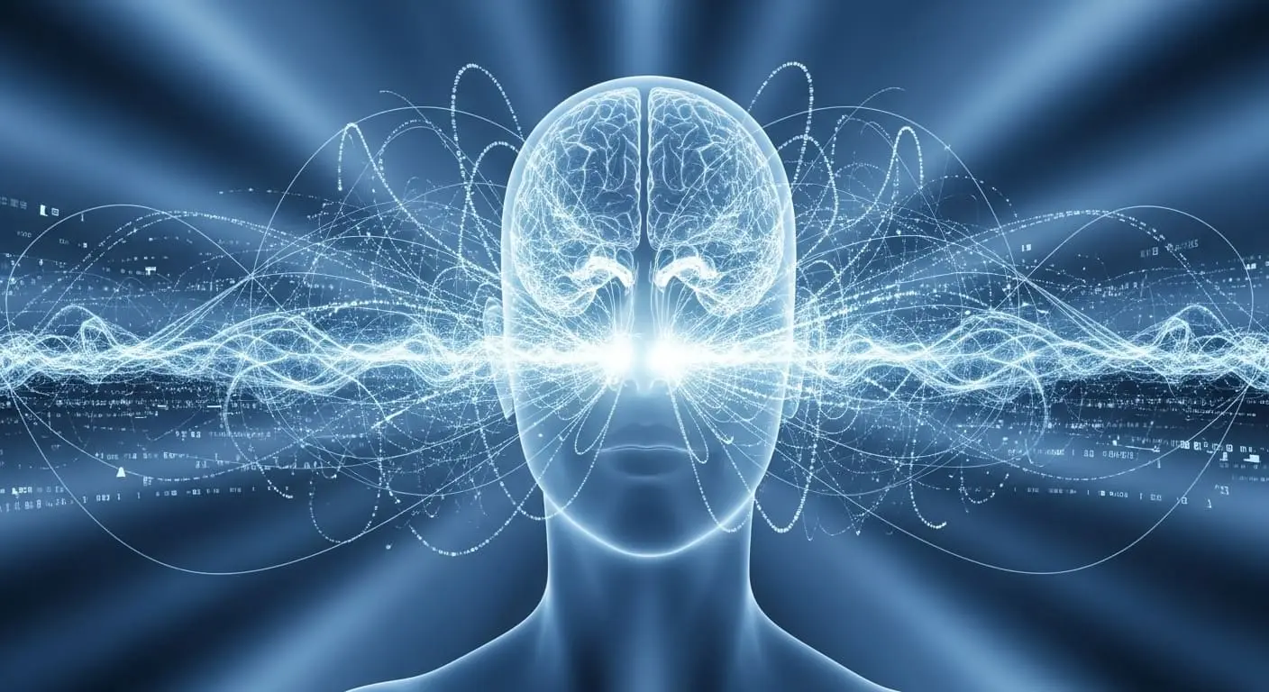 푸른빛의 정밀한 기술이 암세포를 찾아내는 첨단 의료 기술의 추상적인 이미지.