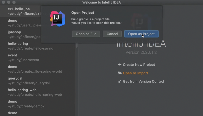 IntelliJ IDEA에서 선택한 프로젝트를 열기 위한 [Open as Project] 버튼 화면