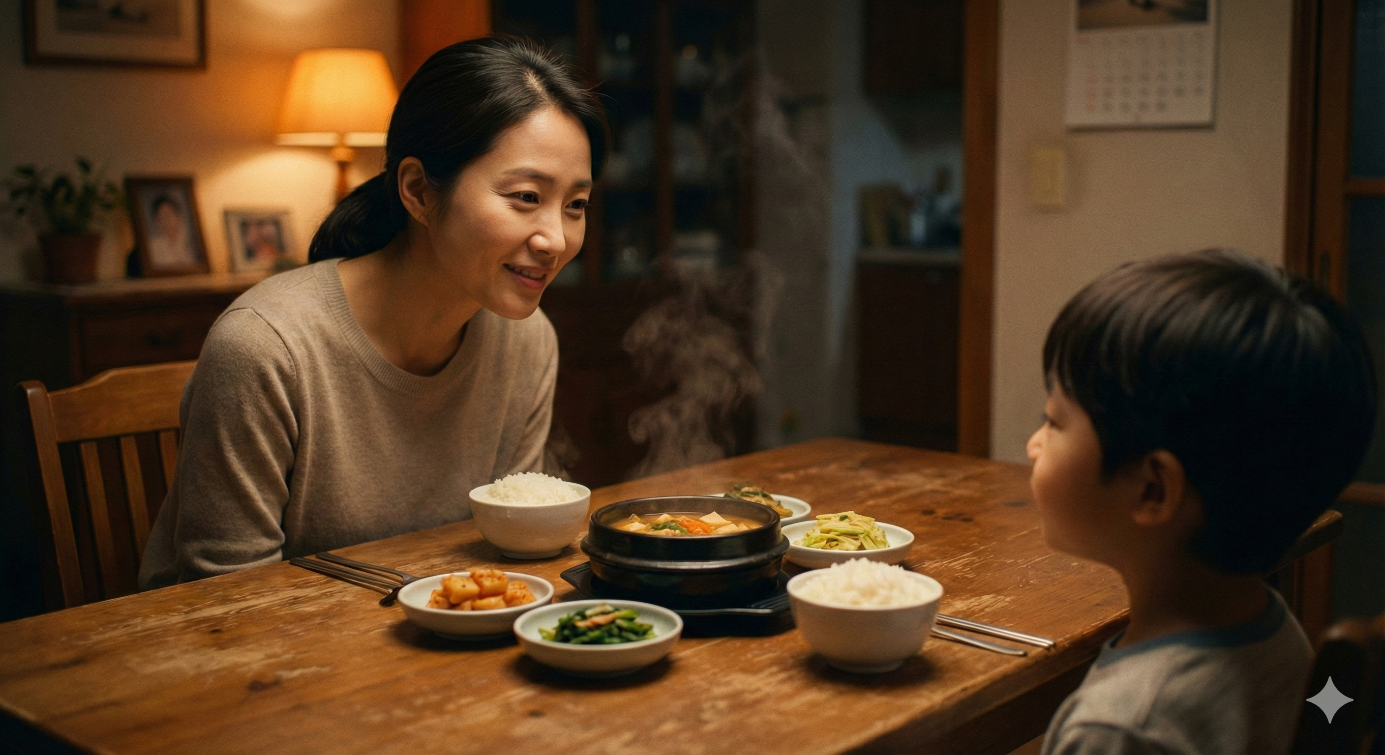 온 가족이 함께 식사하며 대화하는 행복한 한국 가정의 저녁 밥상 풍경
