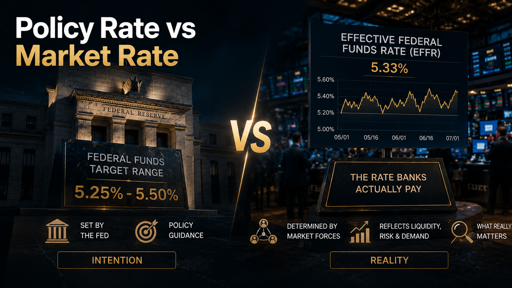 Comparison of the Federal Funds Rate and the Effective Interest Rate, highlighting the difference between central bank policy and real market pricing.
