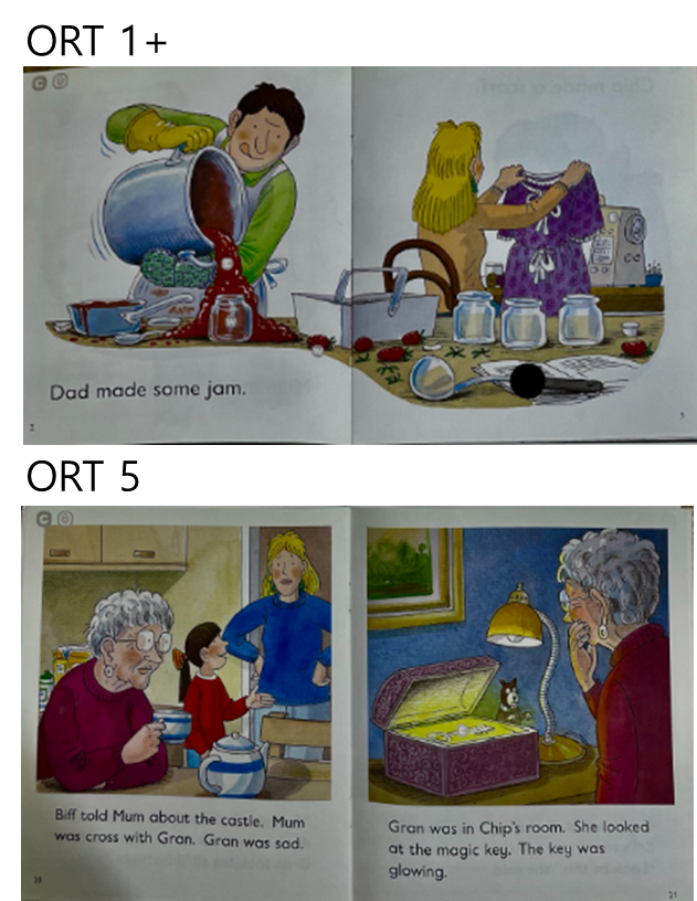 ORT1+단계 책 2페이지, ORT5단계 책 2페이지이다.