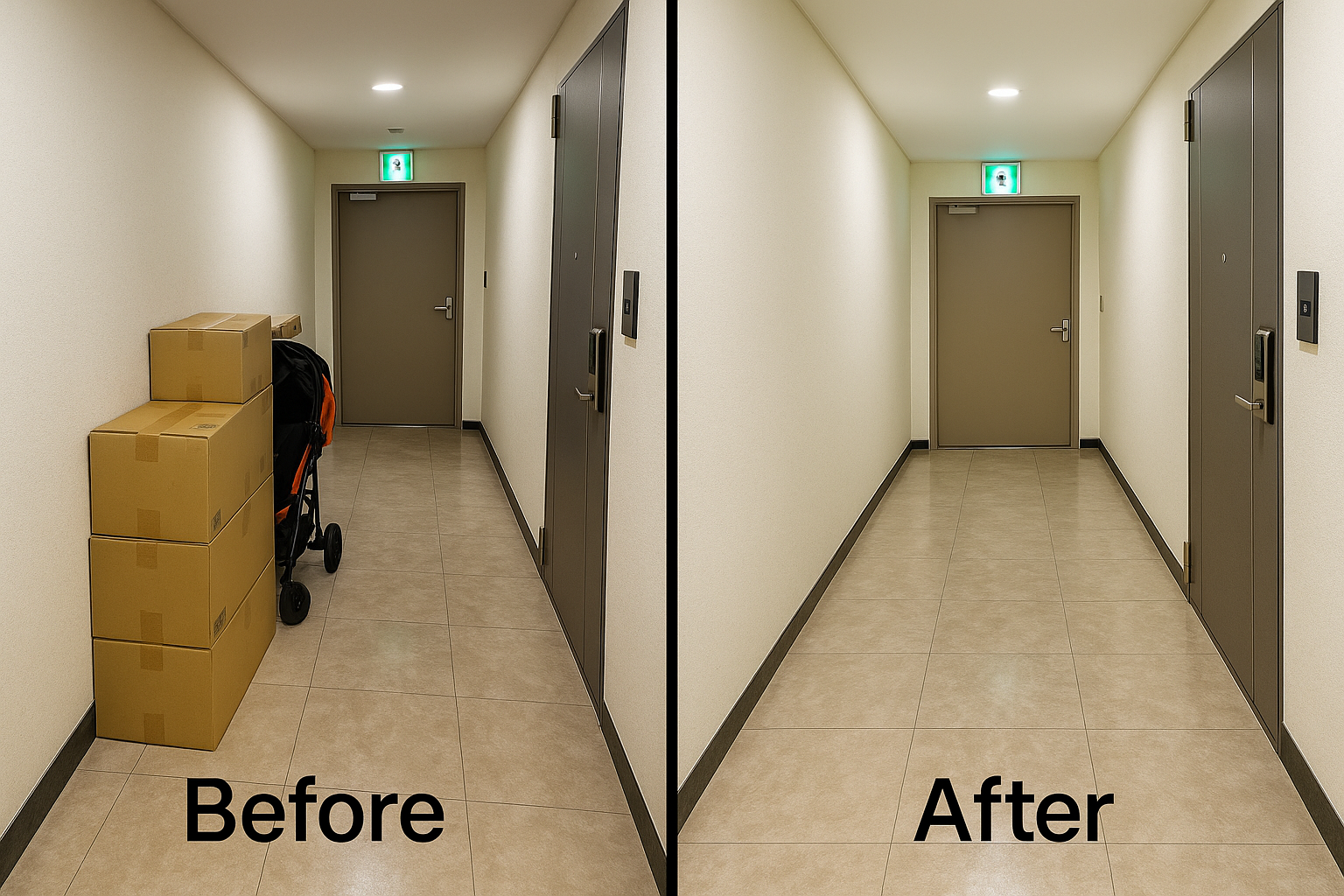 아파트 복도 피난통로 정리 전후 비교