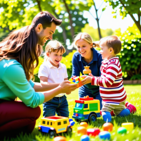 두 가정이 장난감을 교환하고 있는 모습