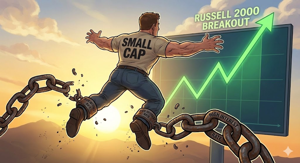 웅크리고 있던 작은 거인(러셀 2000/중소형주)이 족쇄(고금리)를 끊고 하늘로 비상하는 모습