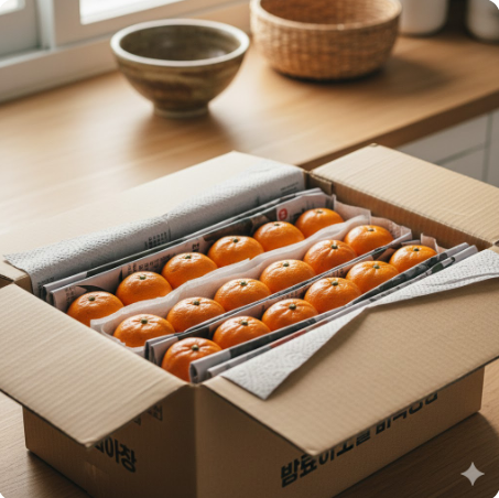 귤과 귤 사이에 신문지나 키친타월을 깔아 보관하는 이미지