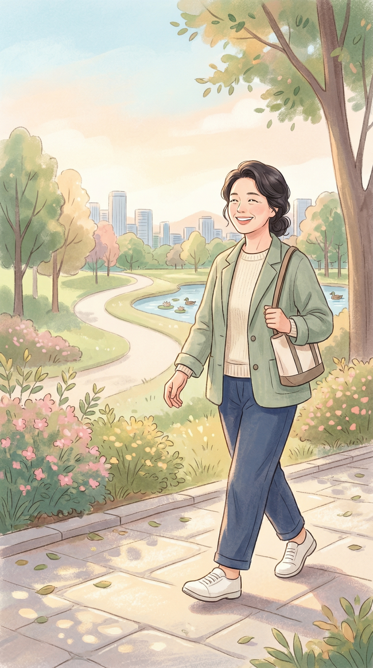 가벼운 표정으로 아침 산책을 하는 50대의 모습