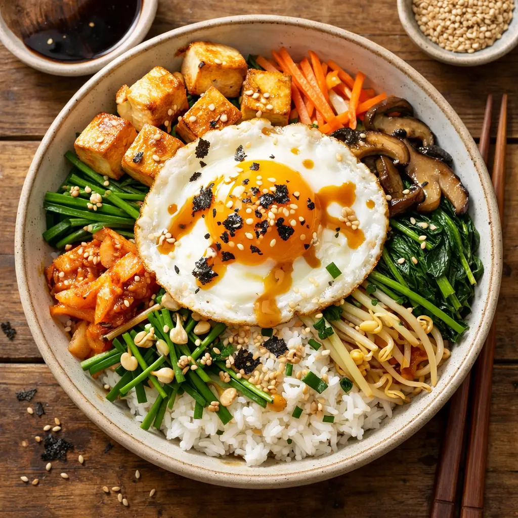 달래간장 두부비빔밥 완성 사진 - 노릇하게 구운 두부와 반숙 계란 프라이, 달래간장이 올려진 비빔밥