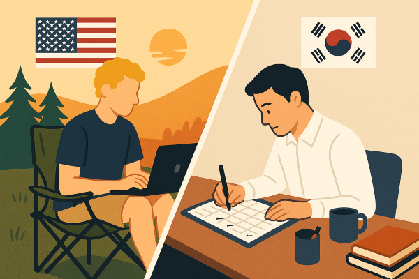 사선으로 화면이 분할된 일러스트, 왼쪽은 노란 머리 미국인이 캠핑장에서 노트북을 사용하는 모습, 오른쪽은 한국인이 사무실 책상에서 스케줄표를 확인하는 장면으로 미국과 한국의 노동 문화를 대비시킴