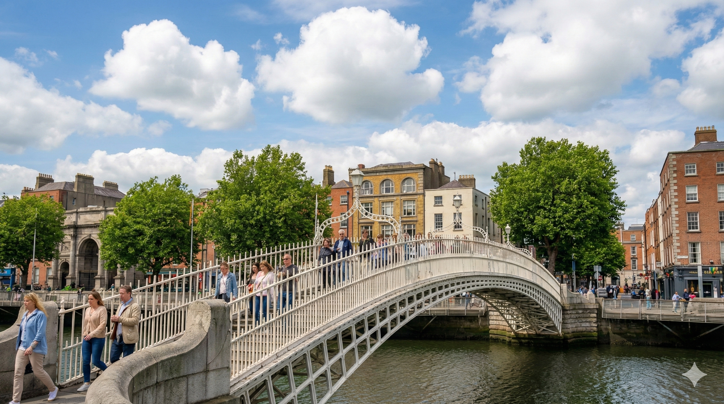 7월의 화창한 아일랜드 더블린, 리피 강과 하프니 교의 활기찬 여름 풍경 사진
