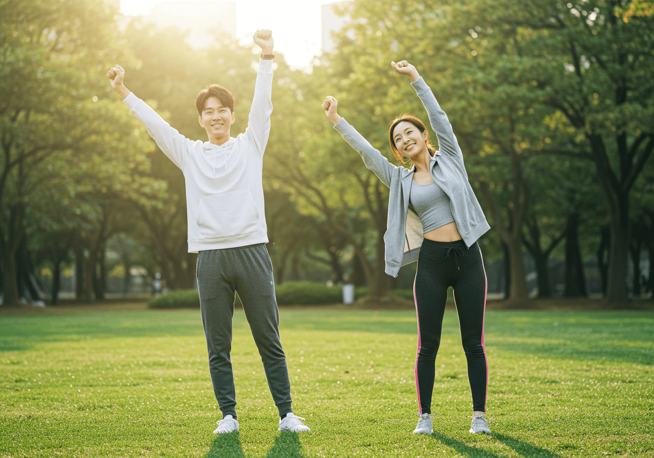 아침 햇살이 비치는 공원 잔디밭에서 30대 초반 한국인 젊은 부부가 두 팔을 위로 뻗으며 스트레칭하는 모습. 밝고 건강한 표정으로 휴가 후 회복을 상징하는 장면.
