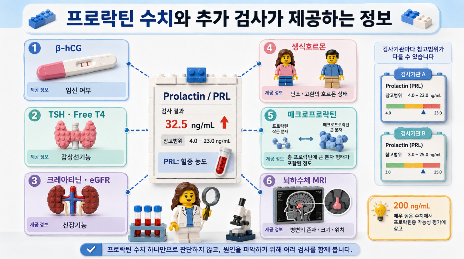 프로락틴(PRL) 수치와 &beta;-hCG, TSH&middot;Free T4, 크레아티닌&middot;eGFR, 매크로프로락틴, 뇌하수체 MRI 등 추가 검사의 역할을 비교한 레고 스타일 의료 인포그래픽