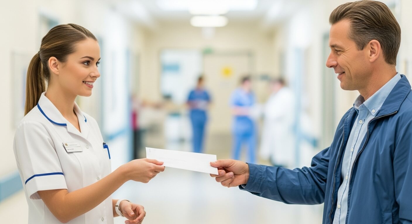 간호사가 남성에게 발급 서류를 전달하는 장면