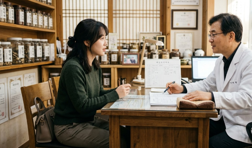 신도림생리통치료로 상담을 받고 있는 여성