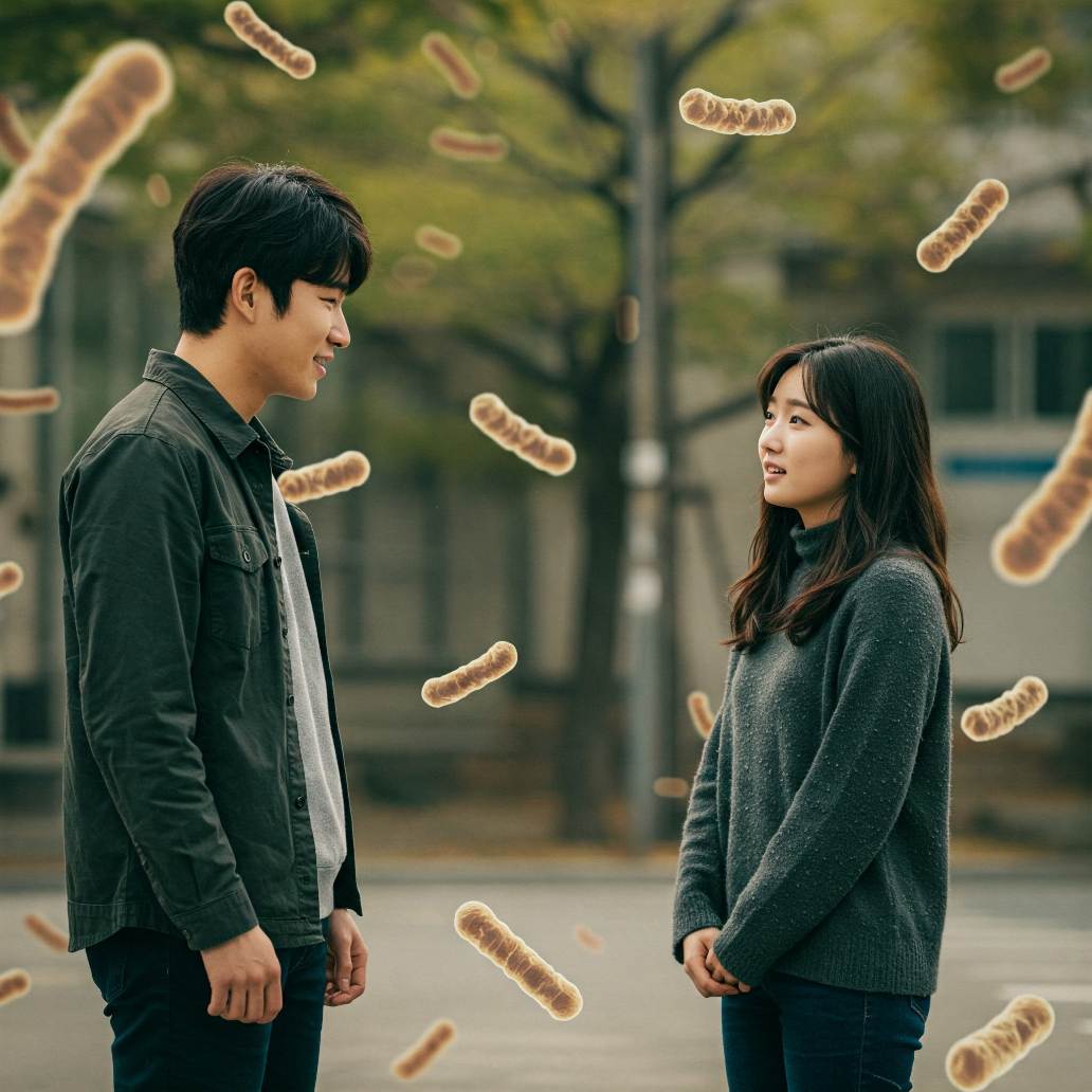 한국인 남녀가 야외에서 대화하는 모습, 주변에 작은 결핵균 입자들이 떠다님. 겉으로는 건강해 보이지만 잠재적인 전염 위험을 시각적으로 표현.