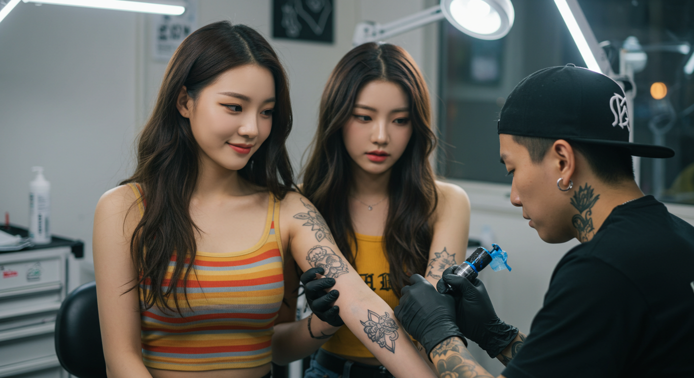 문신 시술을 받는 여성들