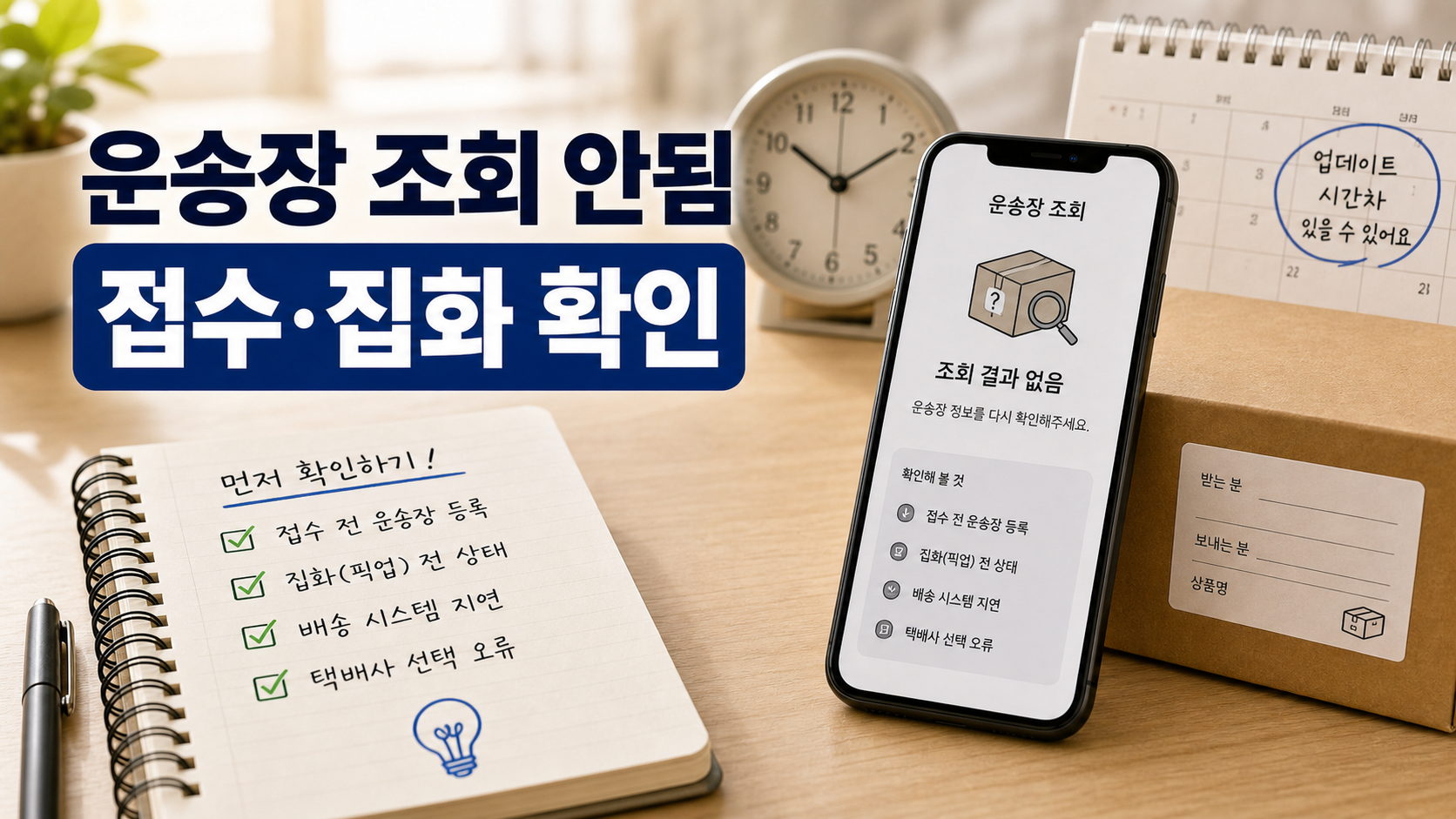 택배 운송장 조회가 안 될 때 조회 결과 없음과 접수 집화 상태를 확인하는 대표 이미지