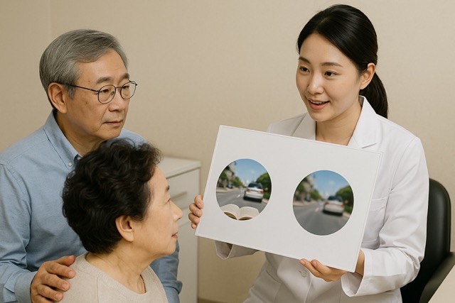 백내장 수술 상담 중 인공수정체 렌즈에 따른 시야 차이를 설명받는 시니어 부부(출처: 자체제작)