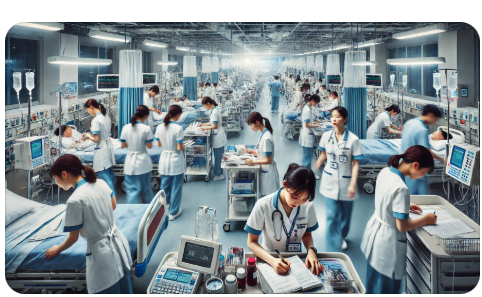 입원 병동에서 바쁘게 일하는 간호사 모습