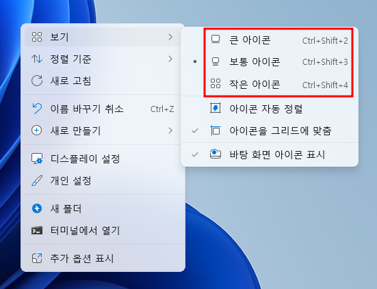바탕화면 아이콘 크기 조절