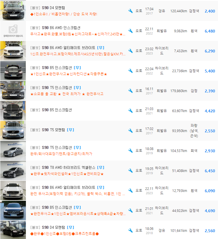 볼보 S90 등급 중고차 가격 : 1,850만원 ~ 7,150만원