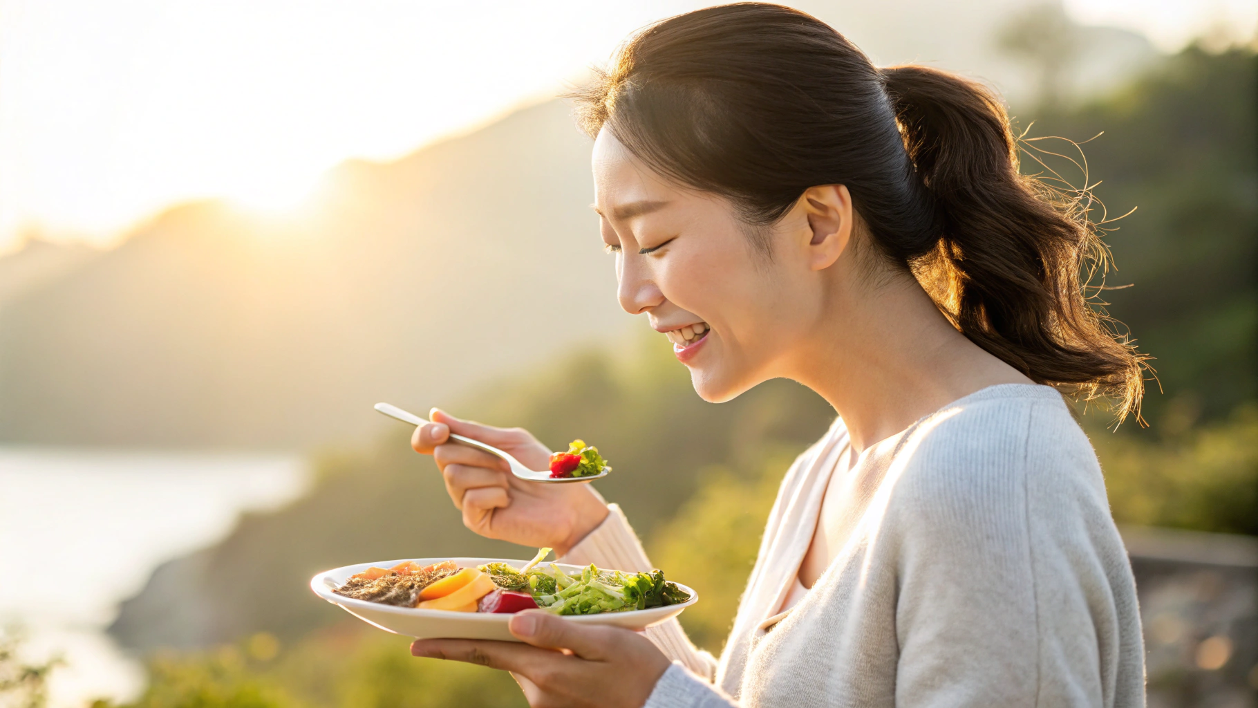건강한 식사를 하며 흐믓해하는 여성 이미지