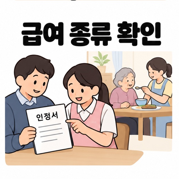 급여 종류 확인 문구와 인정서를 함께 살펴보는 두 사람, 뒤쪽에서 노인의 식사를 돕는 돌봄 장면