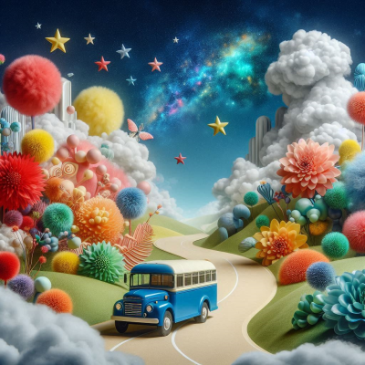 "빛나는 별들과 다채로운 구름들이 펼쳐진 하늘을 배경으로 한 노란 버스가 지나간다."