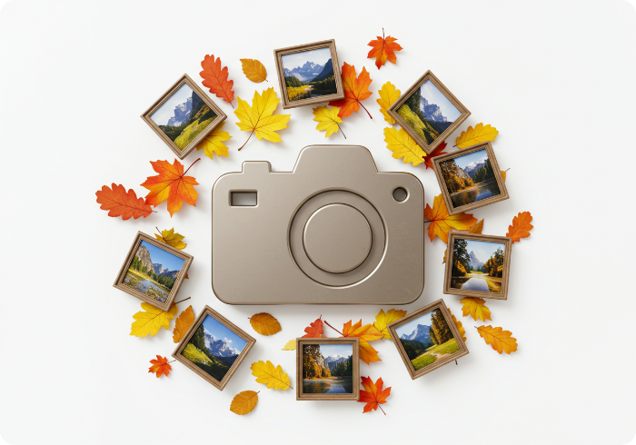 화담숲 인생샷 촬영 포인트를 나타내는 카메라와 사진 프레임 3D 아이콘