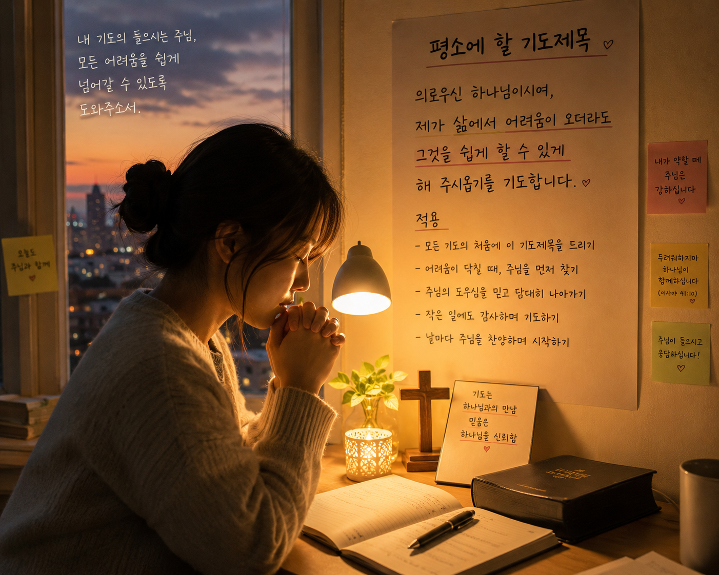 시 4:1 말씀에서 평소에 할 기도제목을 알게 하셔서 감사합니다. 즉 기도 들으시는 의로우신 하나님이시여&amp;#44; 제가 삶에서 어려움이 오더라도 그것을 쉽게 할 수 있게 해 주시옵기를 기도해야 하겠습니다.오늘도 기도할 때 그 기도를 들으시는 주님을 찬양하며&amp;#44; 내가 어려움이 있을 때 그것을 쉽게 넘어갈 수 있기를 간절히 구하는 기도를 드리는 적용을 하겠습니다. 이것이 지속적으로 기도할 기도제목임을 기억하며 모든 기도의 처음에 이것을 위해 기도하는 모습입니다.