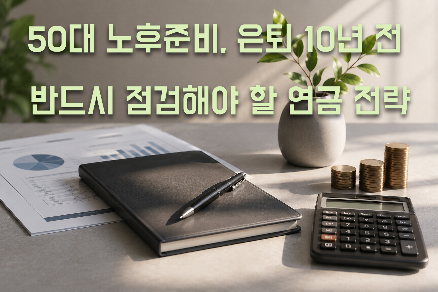 50대 노후준비를 위한 연금관리와 은퇴 자산 계획을 상징하는 재무 설계 이미지