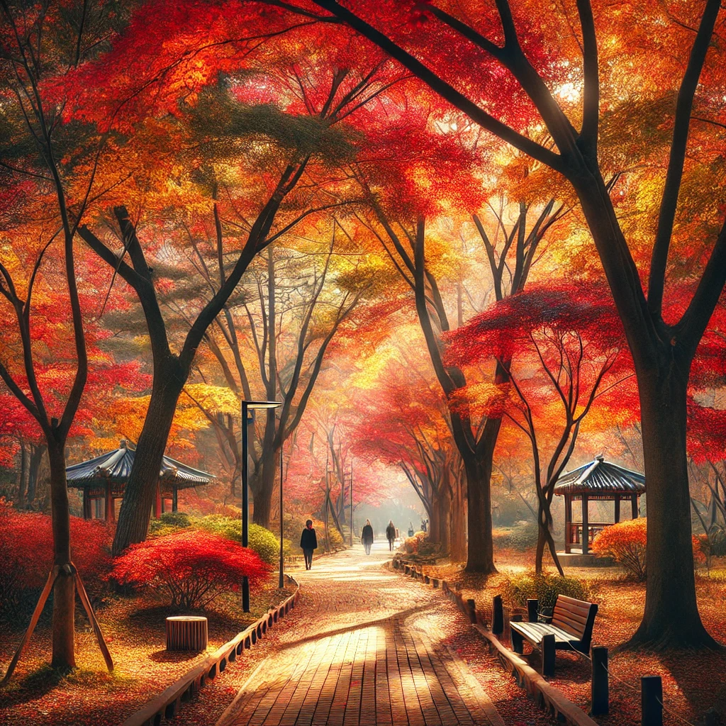 광주 중외공원의 고요한 단풍 풍경, 붉고 노란 나무들 사이로 걷는 길이 보임.