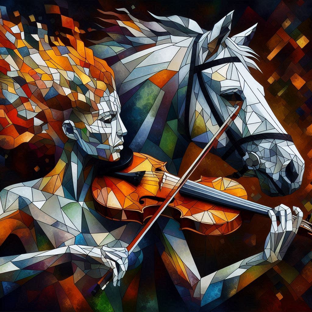 기하학적 분해된 바이올린 연주자와 말, 피카소 큐비즘, 강렬한 윤곽선4