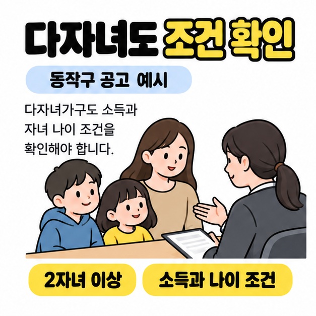 동작구 공고 예시에서 다자녀가구의 소득과 나이 조건을 확인하도록 안내하며 보호자와 자녀 두 명이 담당자와 상담하는 그림