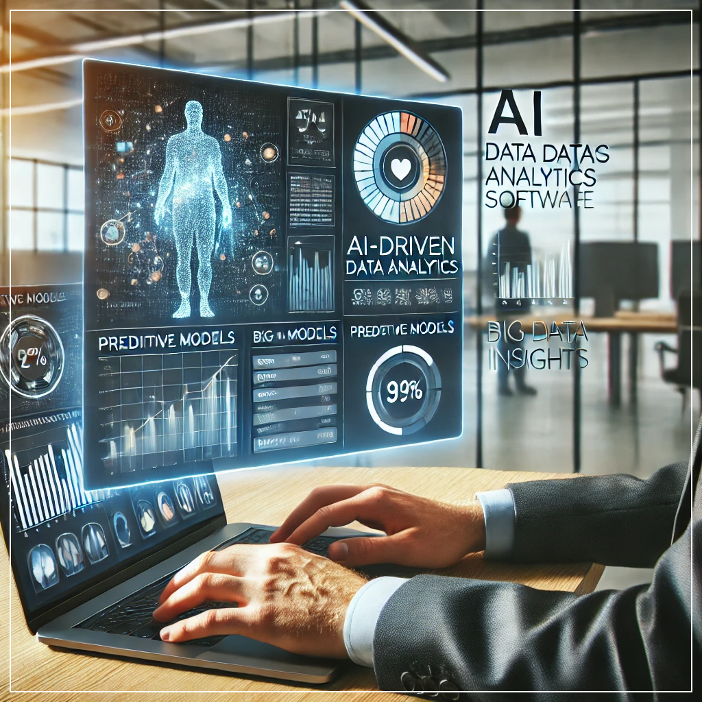 비즈니스 전문가가 AI 기반 데이터 분석 소프트웨어를 사용하여 빅데이터 통찰력과 예측 모델을 분석하는 장면