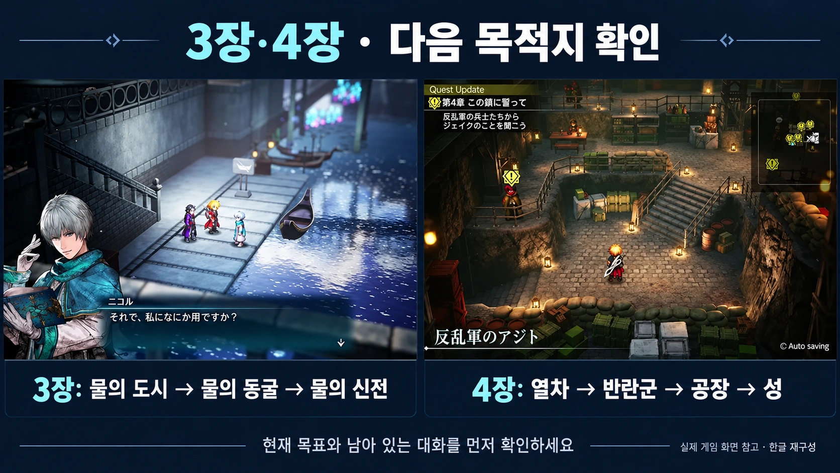 물의 도시 대화와 반란군 아지트 화면으로 3장 4장의 다음 목적지를 안내하는 한글 이미지