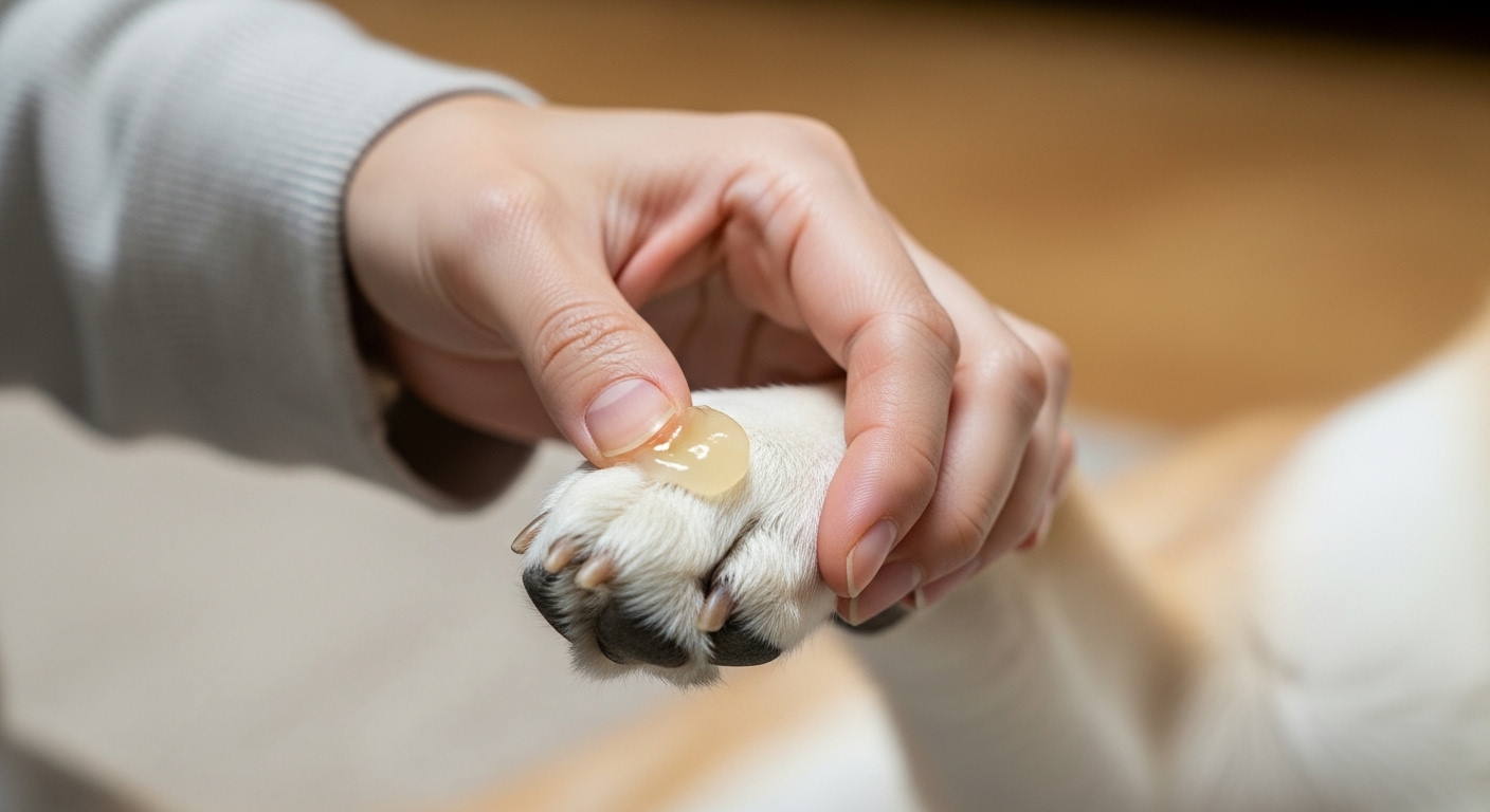 한국인 손이 반려견의 발바닥에 부드럽게 발밤을 바르는 모습