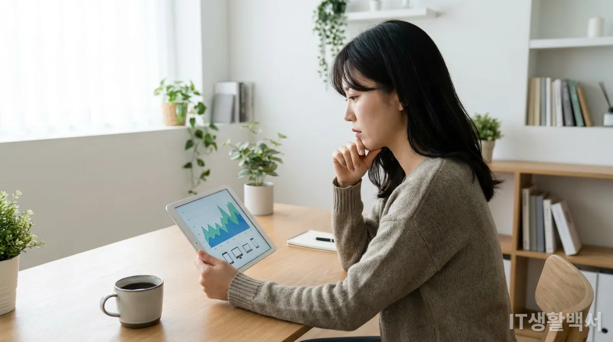 중고 IT 기기 시세 그래프를 분석하는 한국인 여성