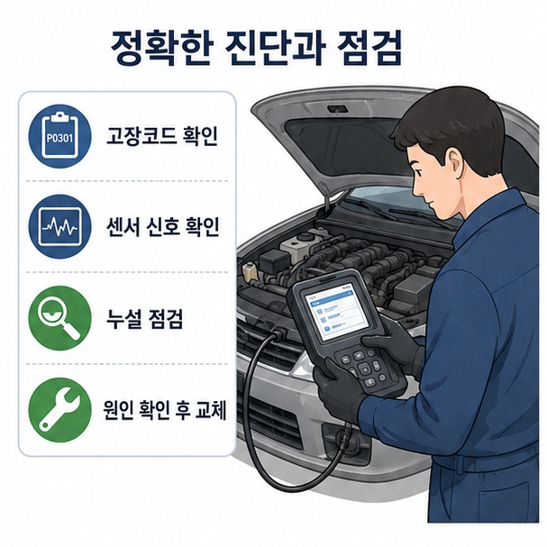 진단기로 고장코드와 센서 신호를 확인하고 누설과 배선을 점검한 뒤 원인을 확인해 교체하는 과정을 보여주는 그림