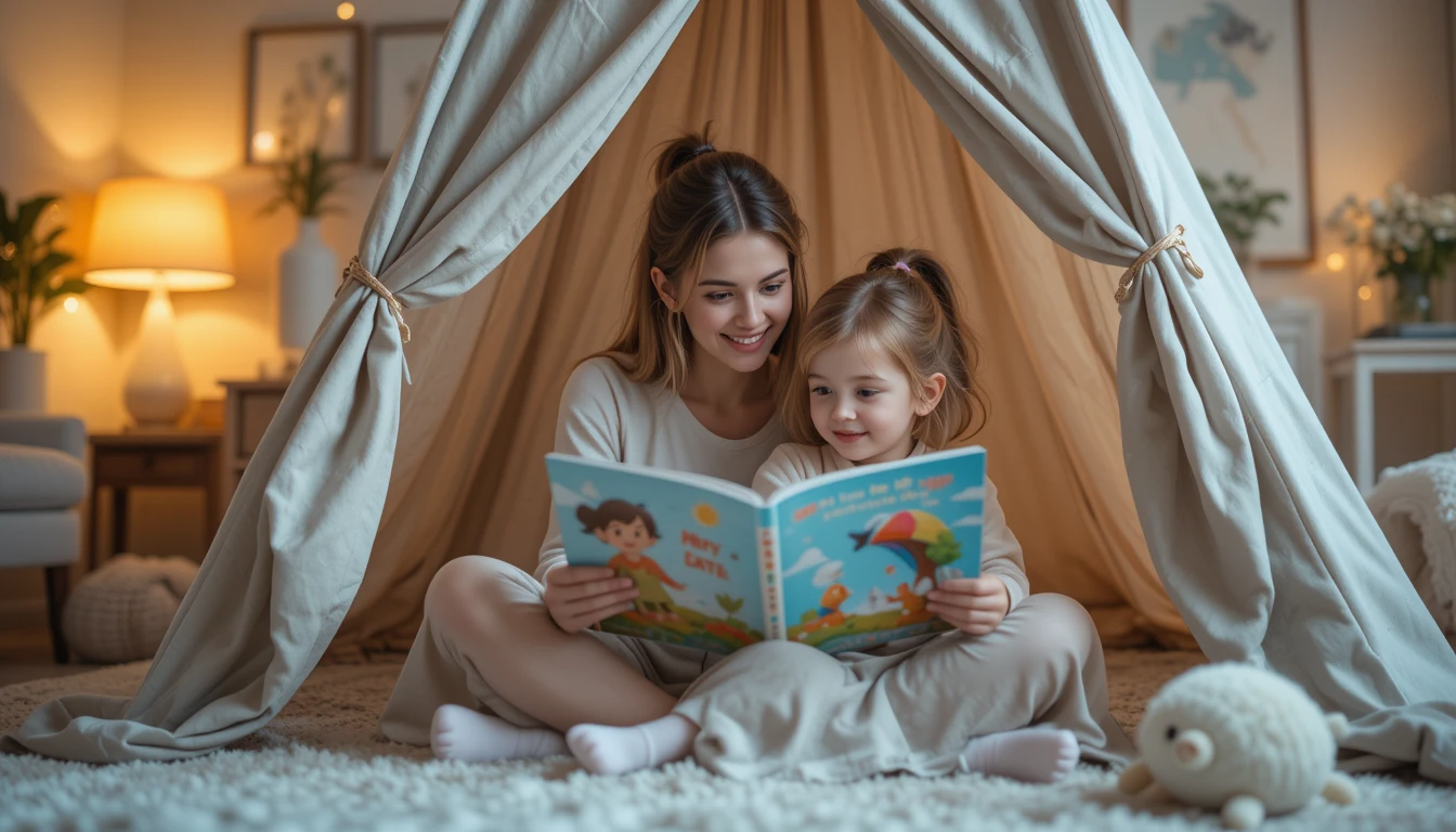 실내 텐트 안에서 엄마와 아이가 함께 하는 모습