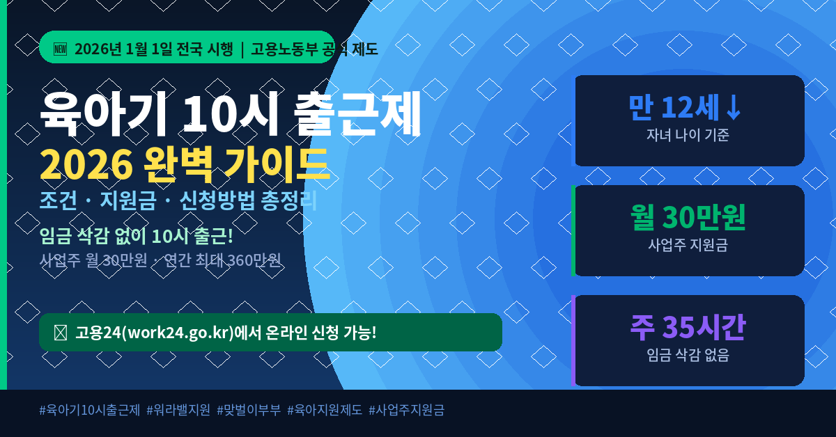 2026년 육아기 10시 출근제 완벽 가이드 - 자녀 만 12세 이하 임금 삭감 없이 10시 출근 사업주 월 30만원 지원금 신청방법
