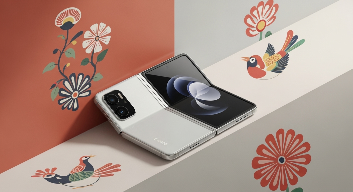 첨단 폴더블 스마트폰 주변에 현대적인 감각으로 재해석된 한국 민화 요소가 은은하게 표현된 이미지